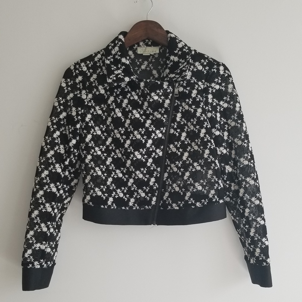 Embroidered Floral Lace Moto Jacket, XS